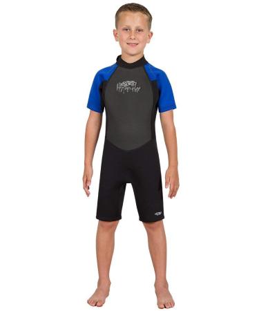 Hyperflex Access Unisex Child's 2mm Back Zip Shorty Wetsuit - Warm, Kid's Springsuit - 4-Way Stretch Neoprene - Adjustable Collar and Flat Lock Construction - 50+ UV SHIELD Child 4 Black/Blue