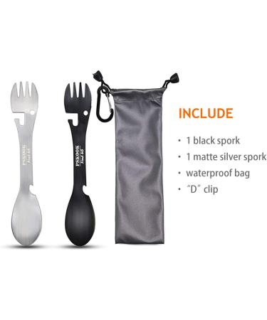 PSKOOK 5-in-1 Utility Tactical Spork  2-Pack Stainless Steel Spoon & Bottle Opener  Fork & Knife  Can Opener Combo Camping Utensil for Hiking  Camping or Backpacking (Black & Matte Silver) black+silver - Buy Online on GoSupps.com