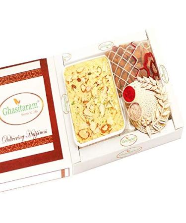 Ghasitaram Gifts Bhaidooj Gifts Bhaidooj Sweet - Soan Papdi Pooja Thali and Almonds Pouch