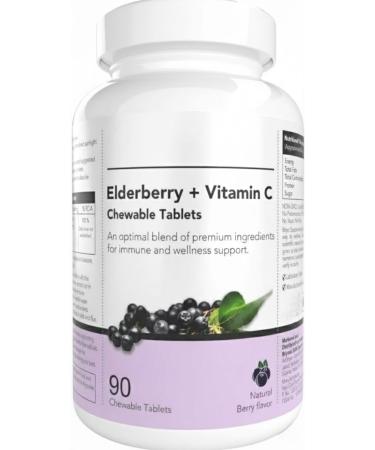Elderberry Plus Vitamin C - 90 Chewable Tablets - for Daily Immune Support Immunity Booster Antioxidants and Skin Care (Natural Berry Flavour)