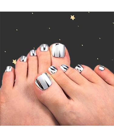Mosako Silver Press on Toenails Short Square Fake Toenail Mirror Art Full Cover Nail Glitter Fake Toe Nails Solid Color DIY Fashion Foot Nails for Women and Girls (24Pcs)