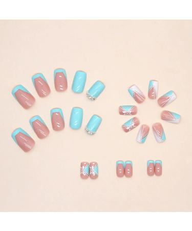 24 PCS Square Pink, White, and Blue Press on Nails with Rhinestone Accents - Medium False Nails for Women - Artificial Acrylic Full Cover Nail Tips - Glossy Finish Stick on Nails - Buy Online on GoSupps.com