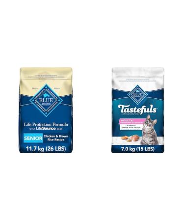 Blue Buffalo Life Protection Formula Senior Dog Food & Sensitive Stomach Natural Adult Dry Cat Food Chicken and Brown Rice 6.8kg bag
