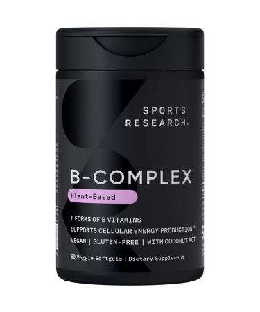 Sports Research Vitamin B-Complex - Full Spectrum of B Vitamins - Plant-Based Vegan-Friendly Formula - 60 Veggie Softgels 60 Count (Pack of 1)