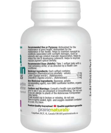Prairie Naturals Astaxanthin Plus 4mg Astaxanthin Lutein & Zeaxanthin Softgel helps to maintain eyesight prevent cataracts and age-related macular degeneration reduces the risk of developing cataracts improves macular pigment optical density protect the e - Buy Online on GoSupps.com