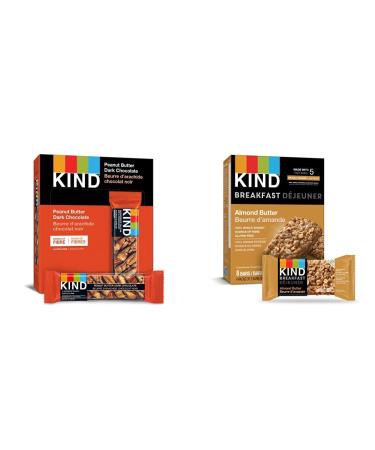 KIND Bars Peanut Butter Dark Chocolate Gluten Free 40 Grams 12 Count & Breakfast Bar Almond Butter Gluten Free Non GMO 50 Grams 4 Count