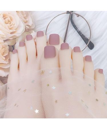 Handcess square matt artificial toenails short skin color pink artificial toenails full cover artificial nail tips for sticking on toenails 24 pieces for women and girls