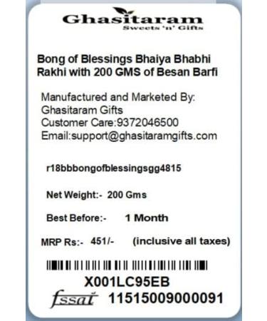 Ghasitaram Gifts Rakhis Online - Rakhi for Brother- Bong of Blessings Bhaiya Bhabhi Rakhi with 200 GMS of Besan Barfi Rakhi Set with 200 gms of Besan Barfi - Buy Online on GoSupps.com