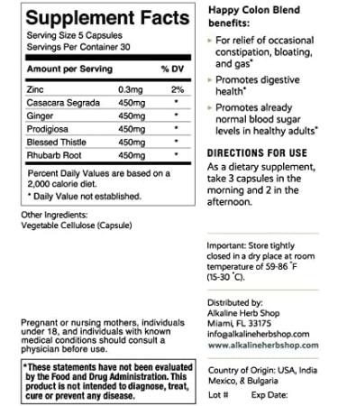 Organic Happy Colon Cleanse Supplement - Alkaline Herb Shop - 150 Veg Capsules - Vegan & Gluten-Free - Buy Online on GoSupps.com