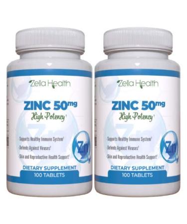 ZINC 50mg High Potency - Healthy Immune System Support from Natural Zinc (Oxide/Citrate) 100 Tablets (Pack of 2) Zella Health