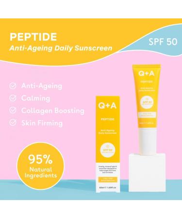 Q+A Peptide Anti-Ageing Daily Sunscreen SPF 50: Lightweight Non-Sticky Broad-Spectrum UVA/UVB Collagen-Boosting Hydrating Radiance-Enhancing 95% Natural Vegan Facial SPF 50ml - Buy Online on GoSupps.com