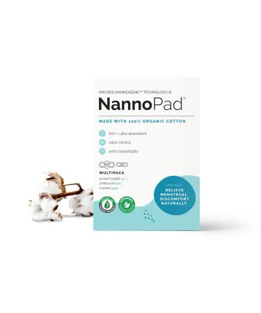 NannoPad Multipack Pads and Pantyliners - Made with Certified Organic Cotton - Regular Super and Pantyliners for Full-Cycle Protection - Minimize Odors (36 Count (Pack of 1)) Nannocare