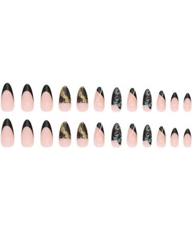 JUSTOTRY 24 Pcs Black Glitter Butterfly Almond Short False Nails with Nail Glue - Oval Medium Stick on Nails for Women - Buy Online on GoSupps.com