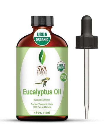 SVA Organics Eucalyptus Essential Oil Organic 4 Oz USDA with Dropper 100% Pure Natural Undiluted Premium Therapeutic Grade Oil for Diffuser, Aromatherapy, Face, Body & Hair Care