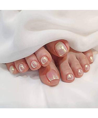 Uranian Short Press on Toenails Pink Glossy Fake Toe Nails Blue Gray Square Shimmer Full Cover False Toenails Acrylic Toenails Accessories for Women and Girls (24pcs) (1-Pink)