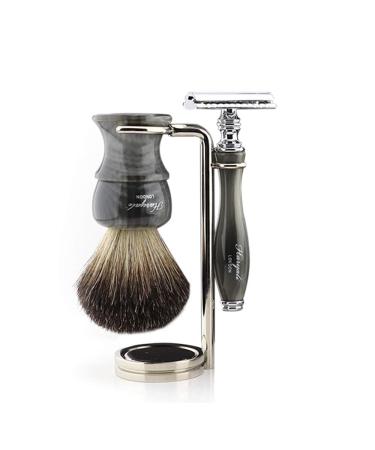 Haryali London Luxury Men's Shaving Set with Double Edge Safety Razor Black Badger Hair Brush and Stand