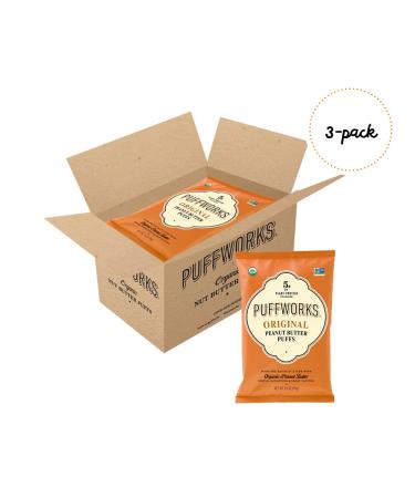 Puffworks Original Organic Peanut Butter Puffs - Plant-Based Protein Snack (Pack of 3) - Vegan, Gluten-Free, Kosher - 3.5 Ounce - Buy Online on GoSupps.com