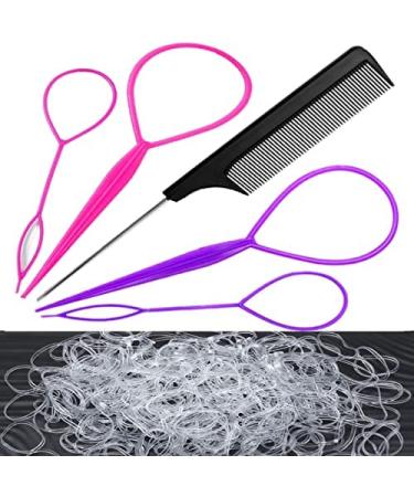 1000Pcs Clear Elastic Hair Rubber Bands  4pcs Topsy Tail Hair Tools Hair loop Styling Tool  French Braid Tool Loop Soft And Mini Hair Elastics Ties for Girls Kid And Women Ponytail 1pcs Rat Tail Comb