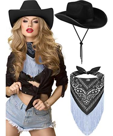 Cowboy Hat Disco Fringed Bandana Felt Cowgirl Hat with Adjustable Neck String and Ribbon Paisley Bandanas for Women Men Party Black