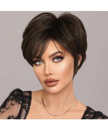 Phoca's short brown pixie cut wigs for women with pony stylish layered cut natural straight synthetic short hair wigs (chocolate brown) j-chocolate brown