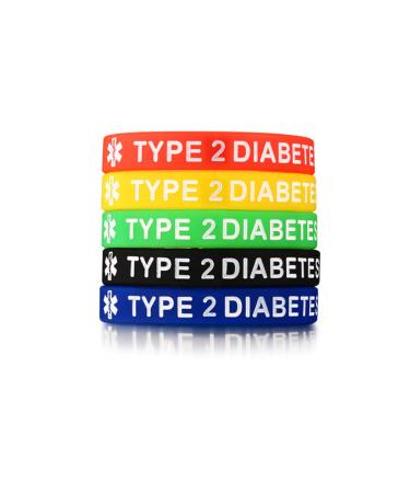 Chien 5 Pack Assorted Colors Medical Alert Type 1/2 Diabetes Silicone Bracelets Wristband for Men Women,7.5" (Type 2 Diabetes)