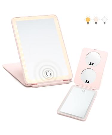 TopWigy Folding Travel Mirror Lighted Makeup Mirror with 72 LEDs with Touch Screen Dimming for Cosmetic 3 Colors Light Modes USB Rechargable Travel Makeup Mirror 3x/5x Magnifying Mirror Pink