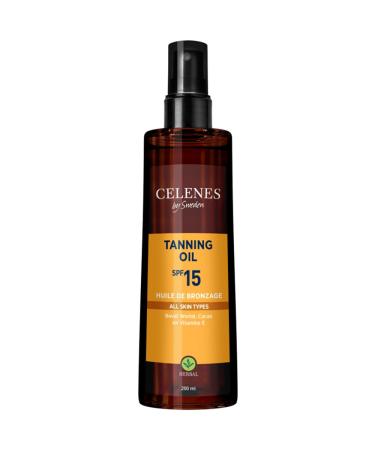 Celenes by Sweden Herbal Tanning Oil SPF 15 - All Skin Types Natural Glow Hydrating with Cocoa Carotene & Vitamin E 200 ml - Paraben & Alcohol-Free SPF15+