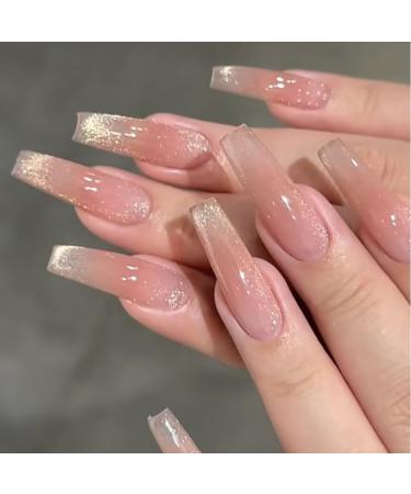 French Tip Press on Nails - Long Square Press On Nails with Nail Tips Powder blusher French false nail cat eye Design Glossy white press on nails Acrylic False Nails Cute Artificial Nails