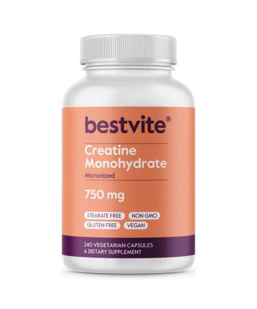 BESTVITE Creatine Monohydrate 750mg (240 Vegetarian Capsules) - Micronized - No Stearates - Vegan - Non GMO - No Gelatin - Gluten Free - Creatine Capsules 240 Count (Pack of 1)
