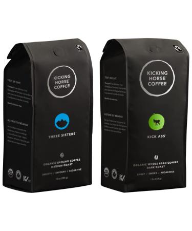 Kicking Horse Coffee Three Sisters Medium Roast Ground 284 g - Certified Organic Fairtrade Kosher Coffee & Kicking Horse Coffee Kick Ass Dark Roast Whole Bean 1 lb