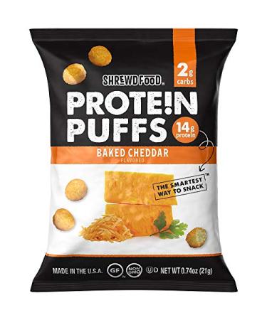 Shrewd Food Protein Puffs - High Protein Low Carb Gluten Free Health Conscious Snacks Keto Snacks Non GMO Soy Free Peanut Free Made with Real Baked Cheese - Baked Cheddar 0.74 Oz (Pack of 8)
