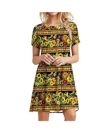 Summer Casual Crewneck Tshirts Dresses for Women 2022 - Solid Tropical Print Boho Beach Dress Swing Gradient Sundress Z1-yellow Large