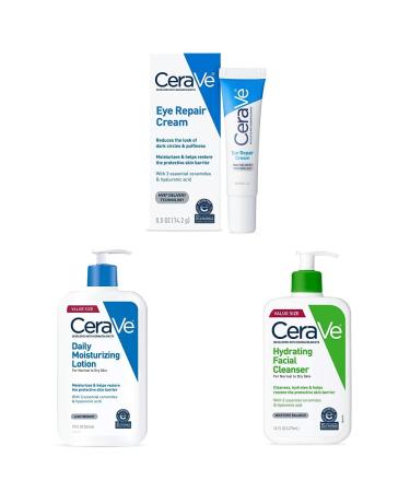 CeraVe Eye Repair Cream | Under Eye Cream| 0.5 Ounce & Daily Moisturizing Lotion | 19 Ounce & Hydrating Facial Cleanser | Moisturizing Non-Foaming Face Wash | 16 Fluid Ounce