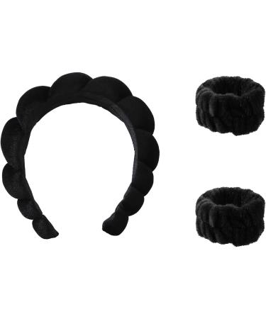 Spa Headband Wrist Washband Wash Set Puffy Headband Bubble Headband for Women Girls Makeup Headband and Wristband for Skincare makeup headband for Washing Face Shower Black - Buy Online on GoSupps.com
