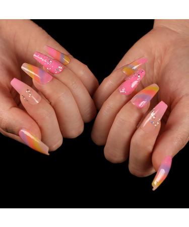 Sethexy Long Sparkle Ballerina False Nails - Colorful Coffin Acrylic Fingernails with Bling | 24pcs for Women & Girls - Buy Online on GoSupps.com