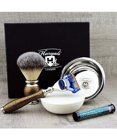 Haryali London Golden Antique Men's Shaving Set 5 Edge Razor Shaving Brush Shaving Soap Shaving Stand and Alum Stick