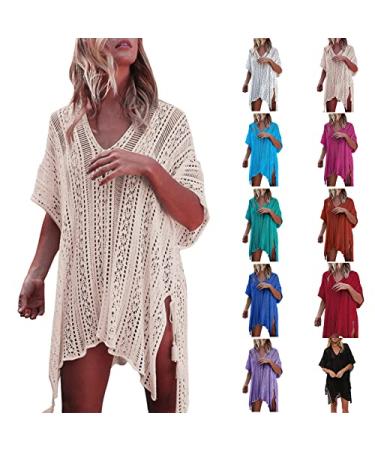 Martmory Swimsuit Coverup for Women Short Sleeve V-Neck Knit Crochet Tops Beach Dress Swimwear Curvy Maternity Bathing Suit 1#beige One Size