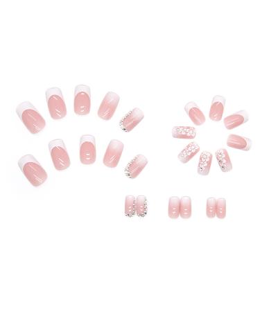 Medium Square Press on Nails - French Tip Pink Full Cover False Nails with Flower & Rhinestones - 24Pcs Spring Glue on Nails for Women & Girls - Buy Online on GoSupps.com