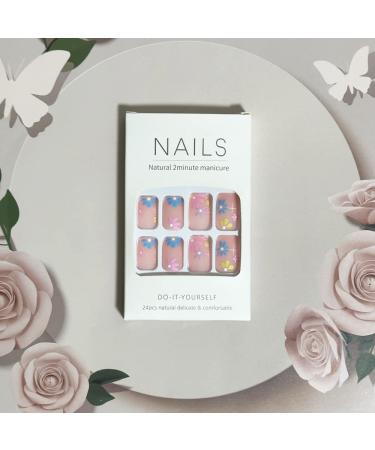 Spring Square Press on Nails - Pink False Nails with Floral Designs - 24PCS - Buy Online on GoSupps.com