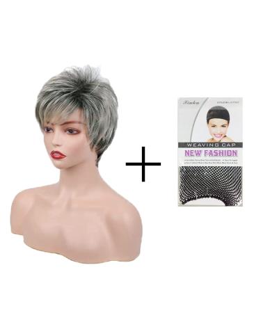 Gray Temperament Wig with Oblique Bangs for Women - Natural Daily Wear for Middle-Aged Women, Girls | Fluffy Short Hair, Black Gradient Silver Texture - Buy Online on GoSupps.com