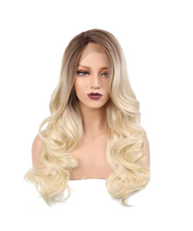 SHIYID Side Part Long Body Wave Wigs Heat Resistant Density Synthetic Blonde Lace Front Wig with Short Roots