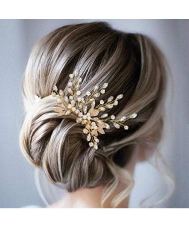 Gorais Bride Wedding Hair Comb Crystal Bridal Hair Accessories Pearl Leaf Hair Piece Rhinestone Hair Jewelry for Women and Girls (A-Gold)