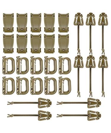 BOOSTEADY Kit of 30 Attachments for Molle Bag Tactical Backpack Vest Belt,D-Ring Grimloc Locking Gear Clip, Web Dominator Elastic Strings, Strap Management Tool Buckle Pack of 30 Coyote Tan