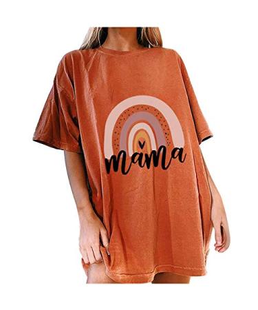 Mama Rainbow Print T Shirt for Women Funny Letter Graphic Tee Plus Size Summer Casual Loose Short Sleeve Crewneck Blouse Tops D-orange Large