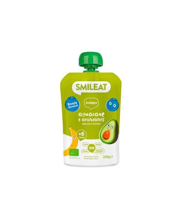 Smileat Organic Fruit Pouch no added salt or sugar gluten-free. Convenient snack for children avocado and blueberry flavor.