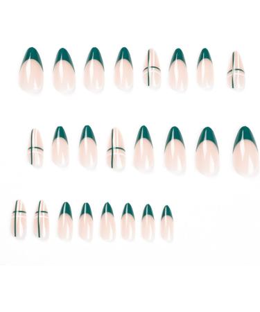 Justotry 24 Pcs Almond False Nails Short Dark Green French Press on Nails with Nail Glue - Oval Stick on Nails for Women - Teal Green Pattern Fake Nails - Buy Online on GoSupps.com