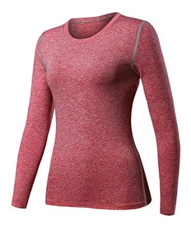 HuaTu Women Performance Compression Base Layer Long Sleeve Crew Neck Tops Tee T Shirts Large Red 2