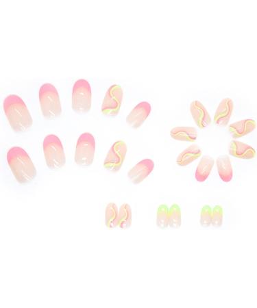 24Pcs Short Pink Swirl Oval Acrylic French Press on Nails - Glossy Fake Nails with Cute Designs for Women - Buy Online on GoSupps.com