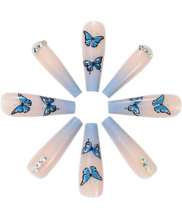 Brishow Butterfly Coffin False Nails - 24pcs French Long Acrylic Stick on Nails, Blue Assortment for Women and Girls - Buy Online on GoSupps.com