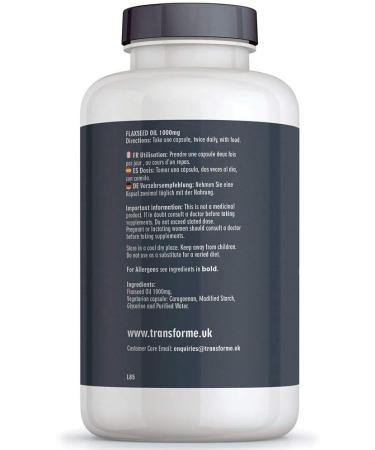 Transforme Flaxseed Oil 1000mg Capsules - Vegan Omega 3 6 9 Soft gels - 360 Count - Gluten Free - UK Made - Buy Online on GoSupps.com